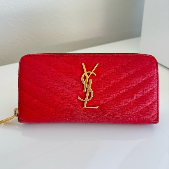 SAINT LAURENT ♡ YSL ♡ Leather Chevron Monogram Zippy Wallet ♡ COA ♡ Red ⁉️ - Picture 2 of 15